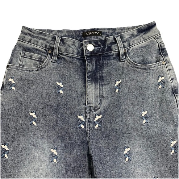 Apny Denim - APNY Embroidered Wide Leg Jeans Womens 6 Raw Hem Two-Tone Stretch Denim
